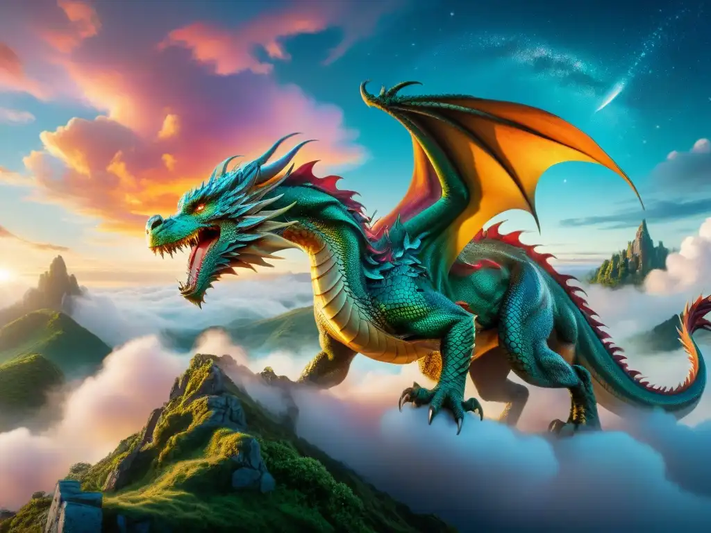 Un majestuoso dragón surca un cielo vibrante, entre nubes y estrellas, evocando criaturas fantásticas en mundos imaginarios