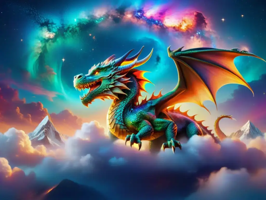 Un majestuoso dragón surca un cielo vibrante y estrellado en universos ficticios