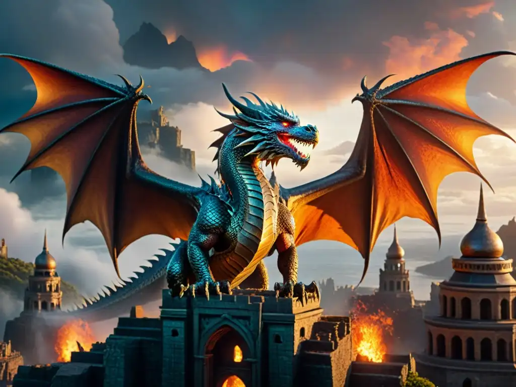 Un majestuoso dragón surca los cielos sobre la antigua ciudad de Valyria, con ruinas y lava ardiente, en un mundo de fantasía y misterio