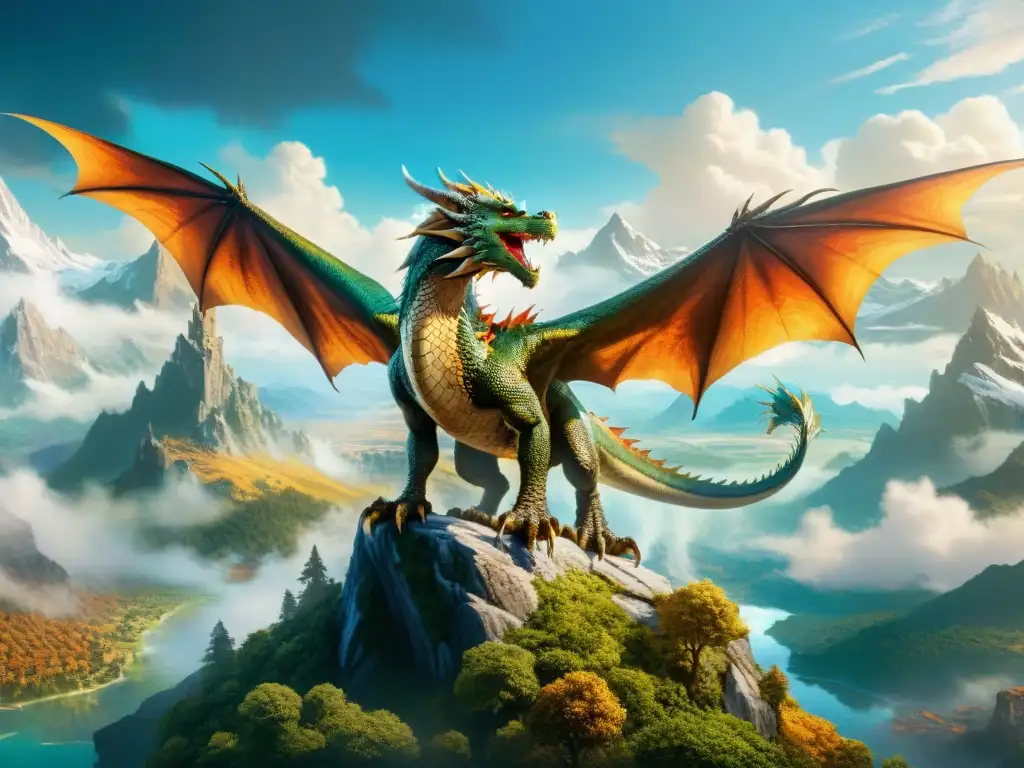 Un majestuoso dragón surca los cielos de Thedas, con sus escamas irisadas brillando bajo el sol y alas extendidas en una exhibición de belleza mítica