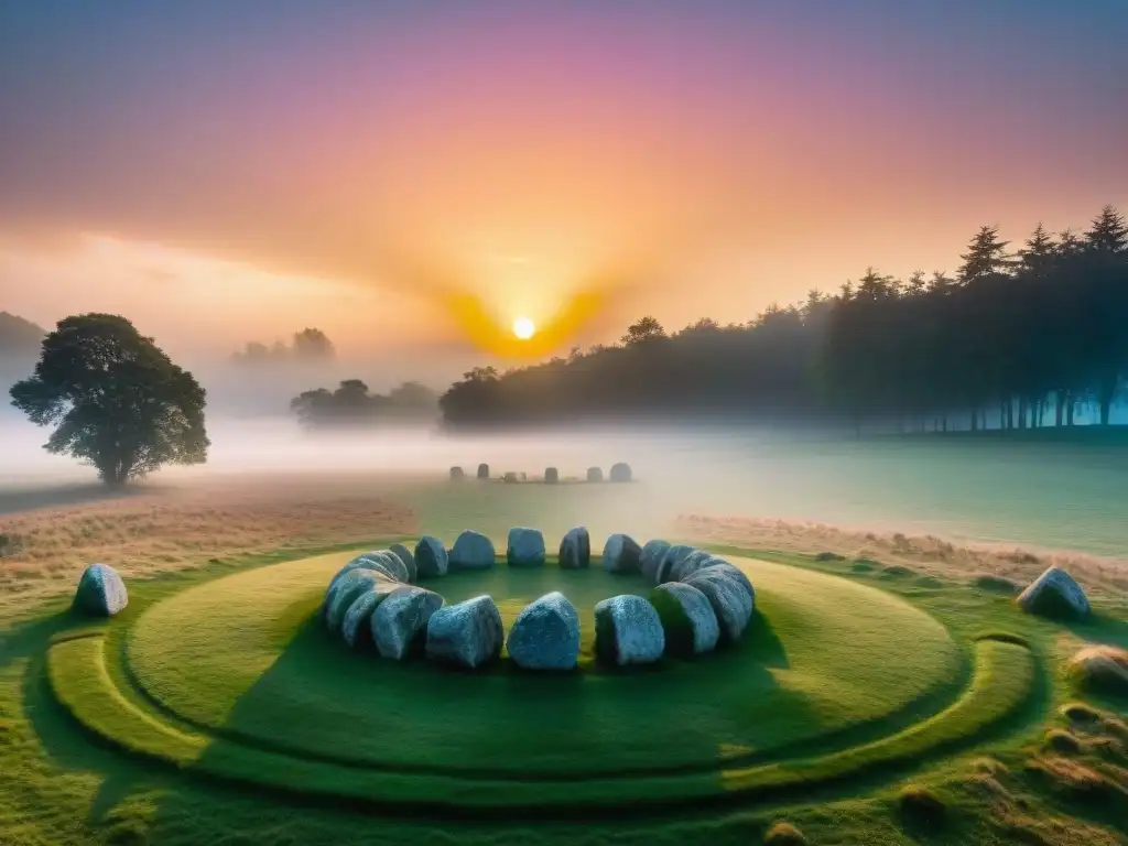 Majestuoso círculo de piedras al atardecer, enlazando religiones antiguas en Highlander