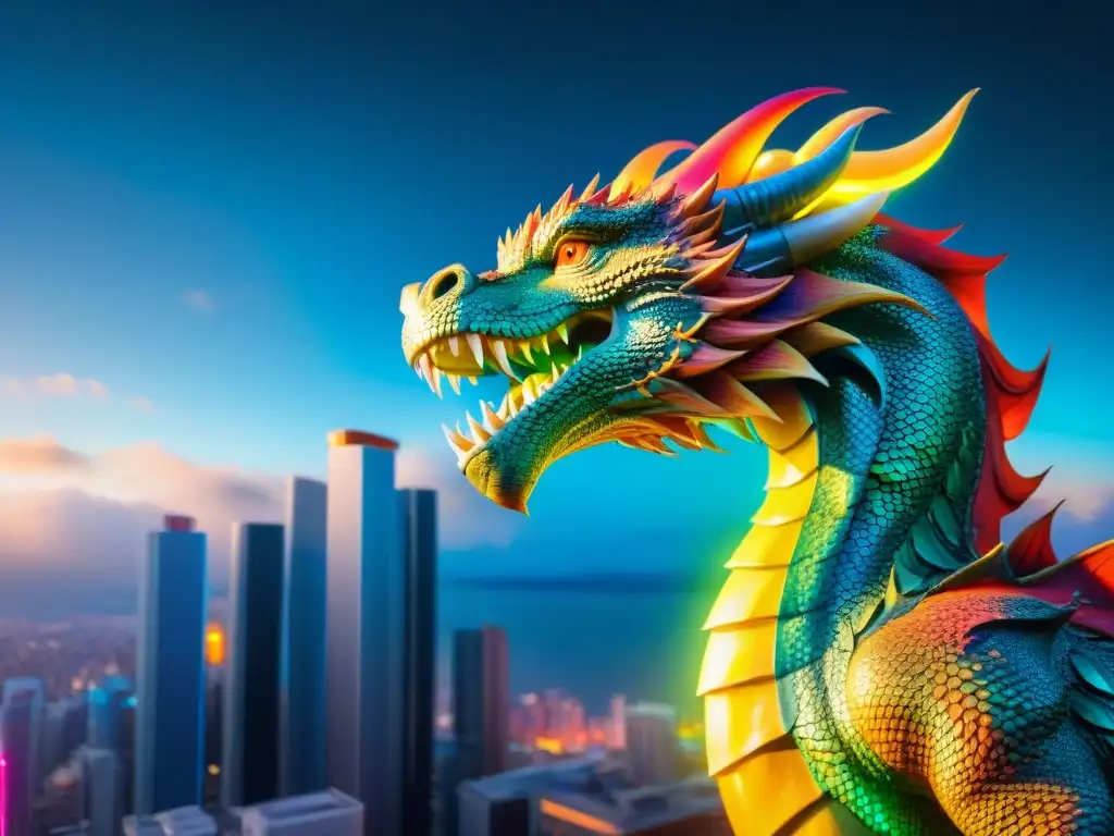 Dragón majestuoso surcando ciudad futurista con luces neón y criaturas míticas, en intersección tecnología narrativa