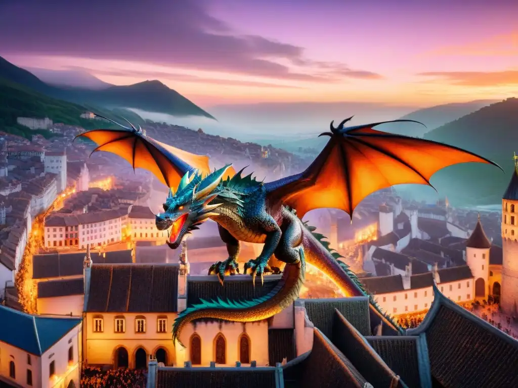 Un majestuoso dragón sobrevuela una ciudad medieval al atardecer, con escamas brillantes y alas extendidas en un cielo anaranjado y morado