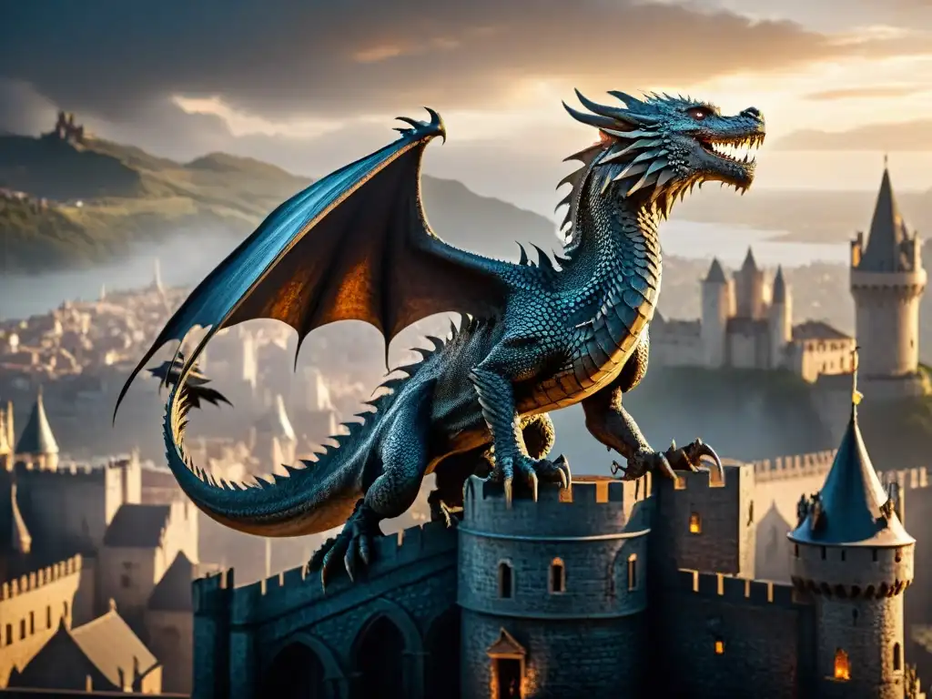 Dragón majestuoso sobrevolando una ciudad medieval, reflejando el impacto de Game of Thrones en la fantasía política