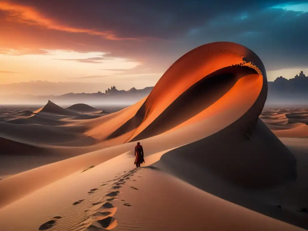 Un majestuoso desierto con dunas altas y un gusano de arena gigante emergiendo, rodeado de figuras con capuchas