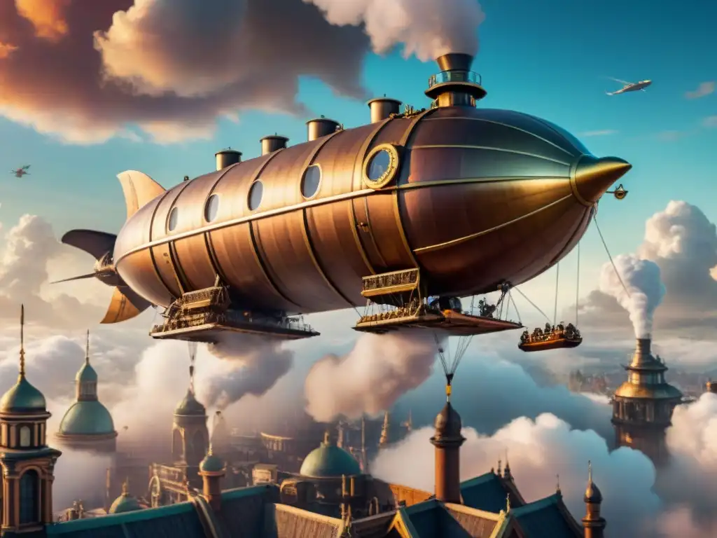 Majestuoso dirigible steampunk de 'Mortal Engines' surcando los cielos sobre una ciudad distópica