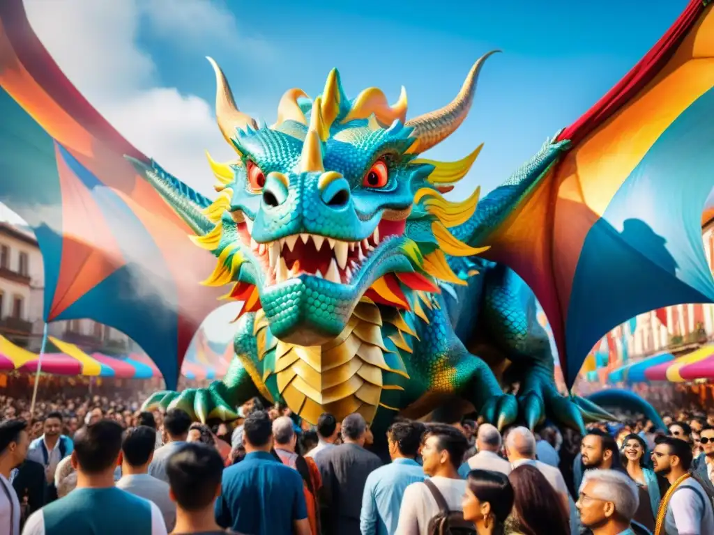 Un majestuoso dragón surcando un bullicioso festival, influencia criaturas míticas en cultura