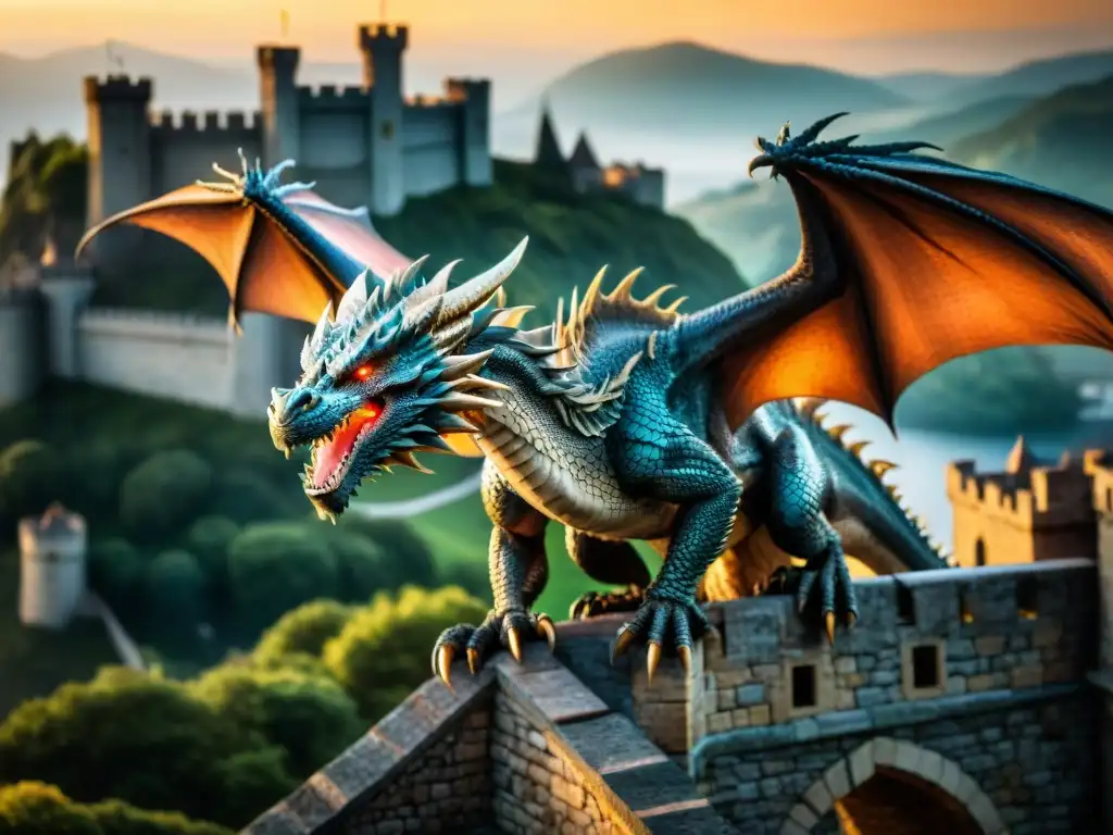 Un majestuoso dragón sobrevolando un castillo medieval, evocando la mitología en Juego de Tronos