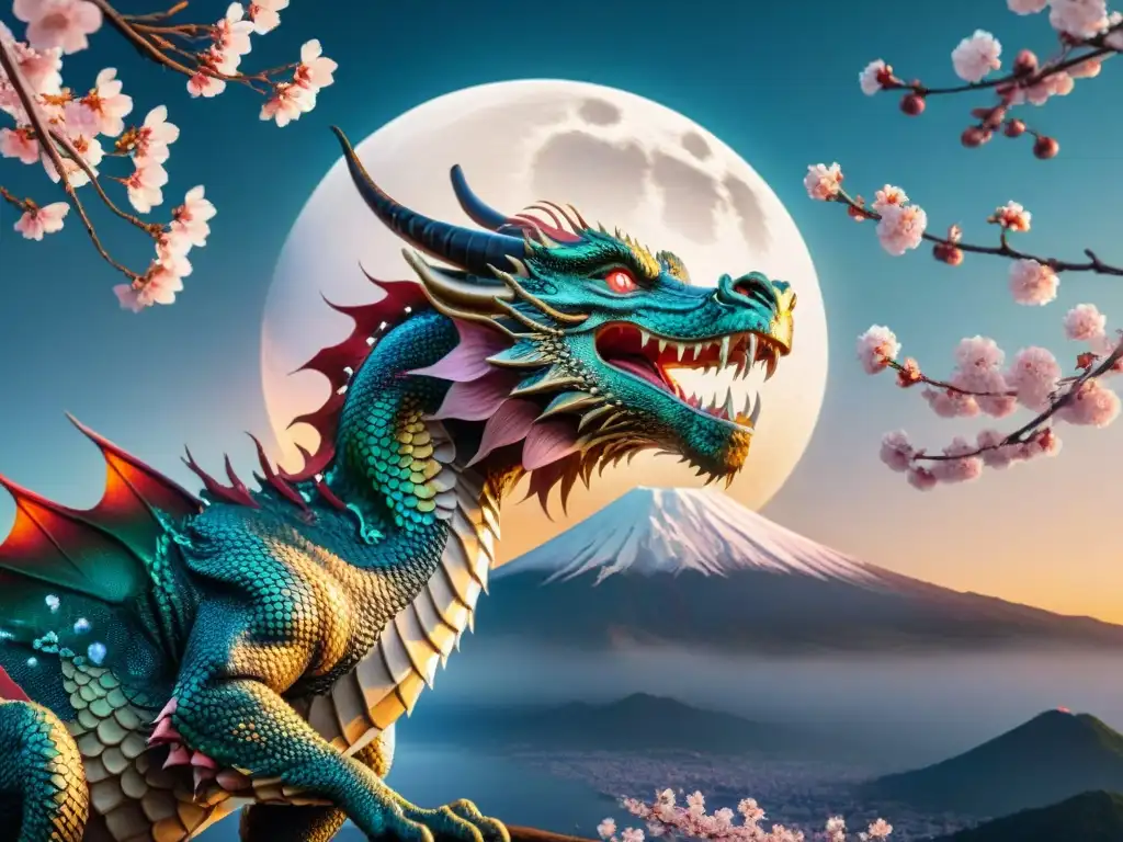 Un majestuoso dragón entre cerezos en flor, bajo la luna y el Monte Fuji