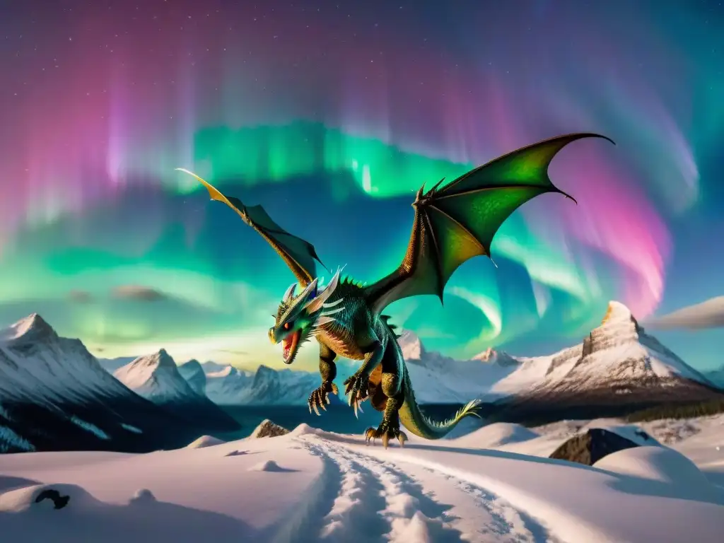 Un majestuoso dragón surcando un cielo vibrante y místico iluminado por las Luces del Norte, con símbolos rúnicos antiguos brillando débilmente en el fondo, creando una atmósfera de maravilla y fantasía