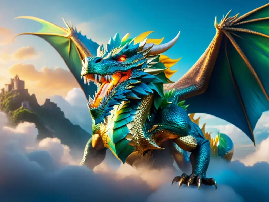 Un majestuoso dragón de colores vibrantes surca el cielo entre nubes, evocando poder y misterio