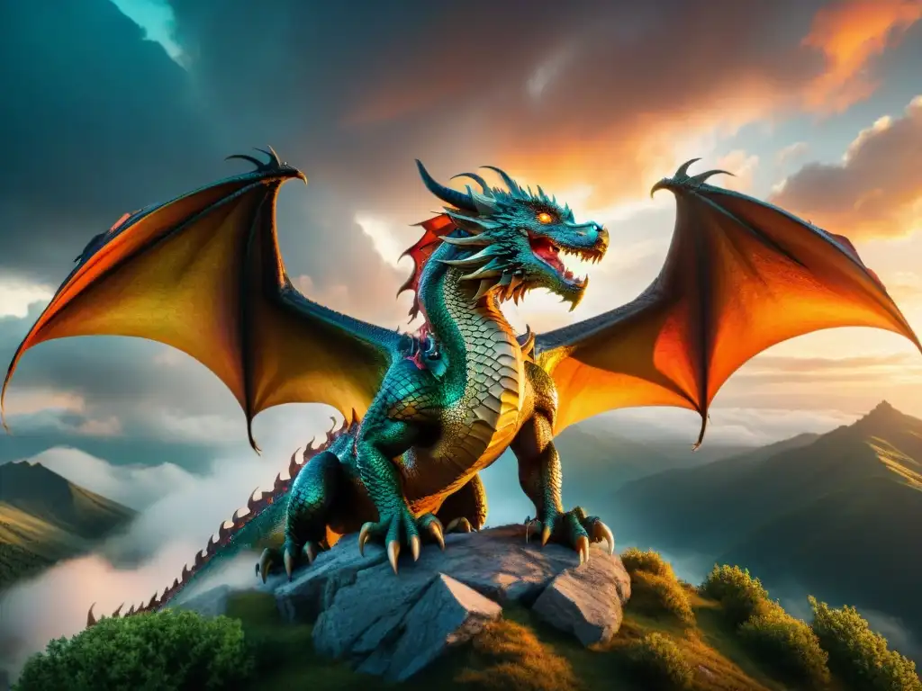 Un majestuoso dragón con escamas brillantes y ojos penetrantes surca el cielo nublado al atardecer