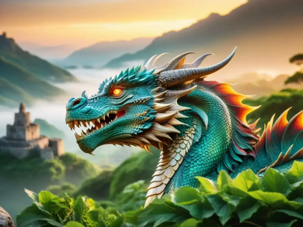 Un majestuoso dragón con escamas brillantes sobrevuela un paisaje místico de ruinas antiguas y exuberante vegetación al atardecer