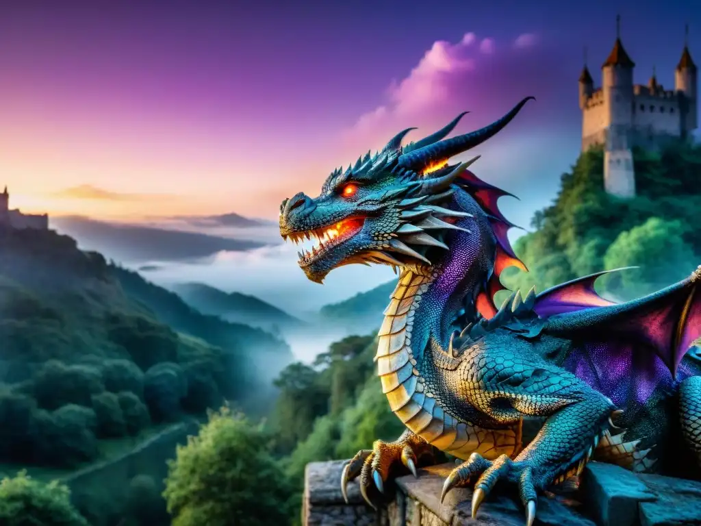 Un majestuoso dragón con escamas brillantes, sobre un antiguo castillo en ruinas en un bosque místico