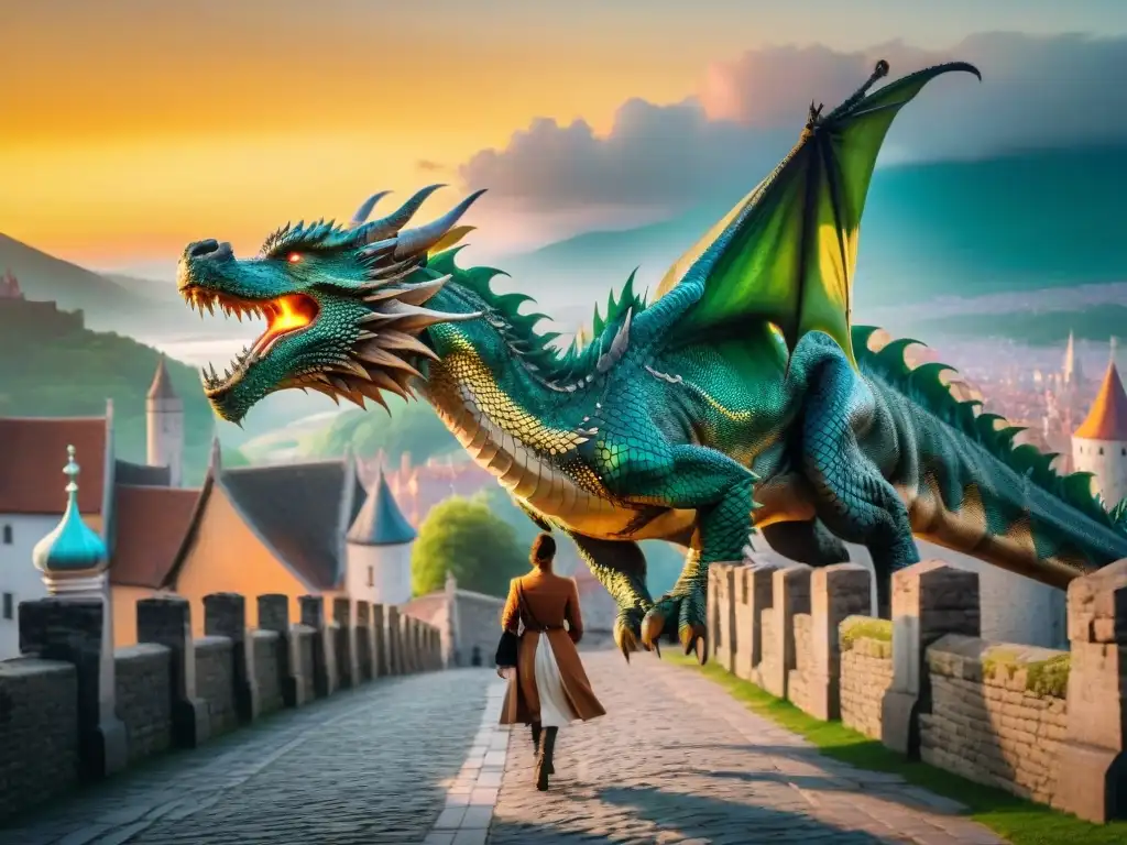 Un majestuoso dragón de escamas esmeralda surca los cielos sobre un reino medieval