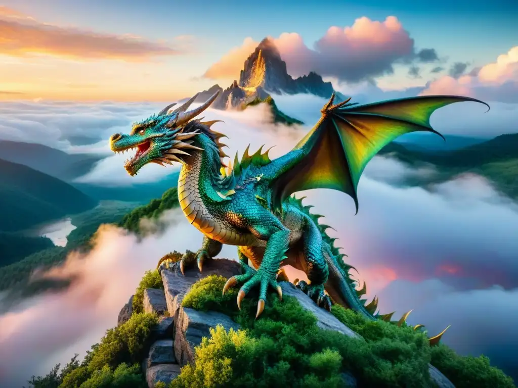 Un majestuoso dragón con escamas iridiscentes surca un cielo vibrante y mágico, con criaturas fantásticas en mundos imaginarios