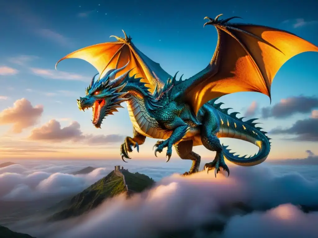 Un majestuoso dragón con escamas iridiscentes surca un cielo místico lleno de nubes y estrellas, evocando criaturas fantásticas en mundos imaginarios