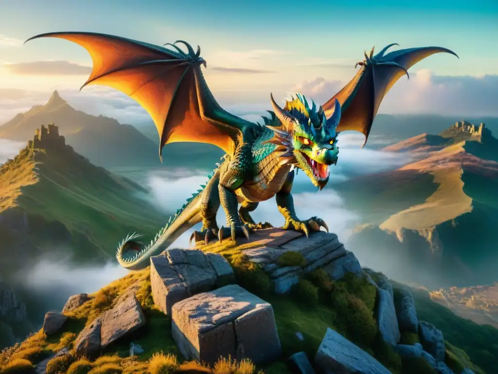 Un majestuoso dragón con escamas iridiscentes y ojos brillantes, posado en un acantilado rocoso, contemplando un paisaje vasto y místico al atardecer