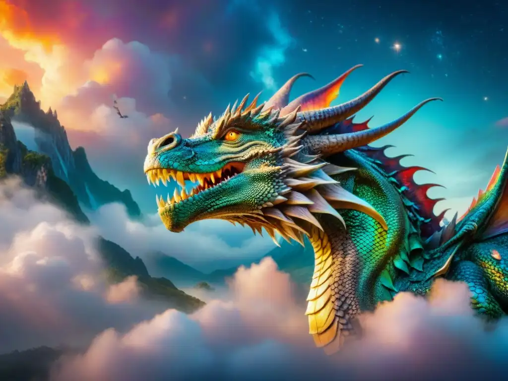 Un majestuoso dragón con escamas iridiscentes surcando un cielo vibrante de otro mundo, rodeado de nubes y estrellas brillantes