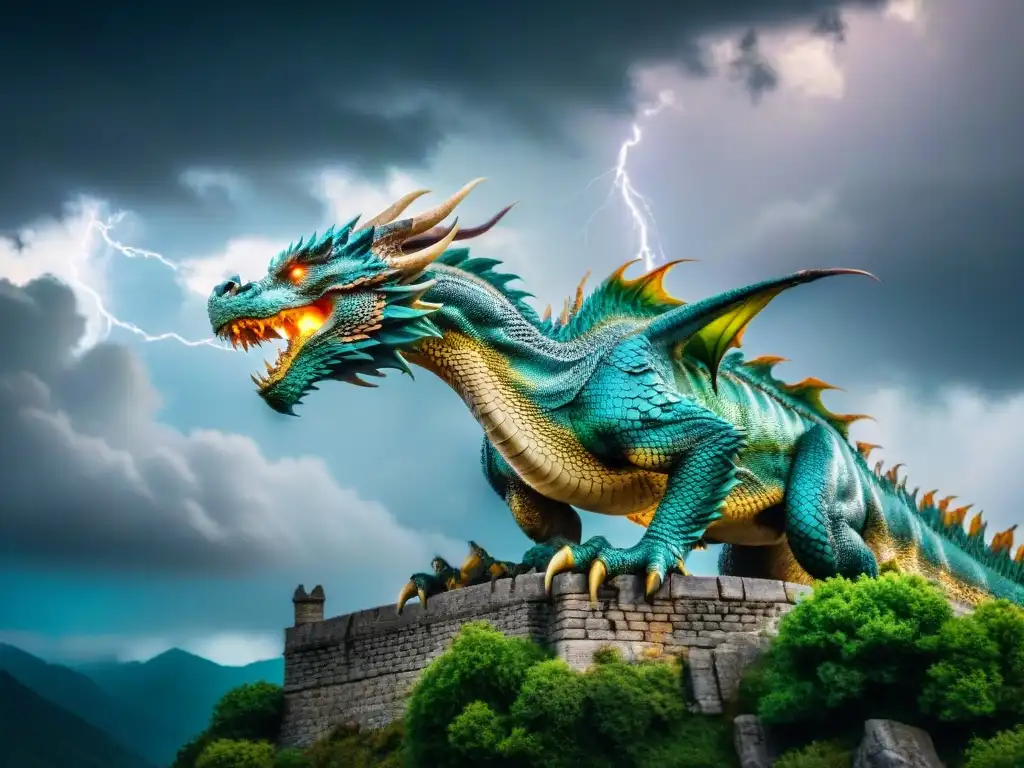 Un majestuoso dragón con escamas iridiscentes surcando el cielo tormentoso, rodeado de relámpagos, alas desplegadas contra un telón de fondo dramático de nubes oscuras y un leve vistazo a un castillo distante en un acantilado escarpado