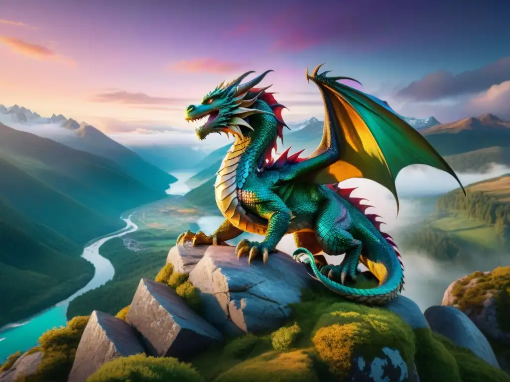 Dragón majestuoso en acantilado místico al atardecer Un majestuoso dragón con escamas iridiscentes, observa desde un acantilado rocoso un paisaje místico