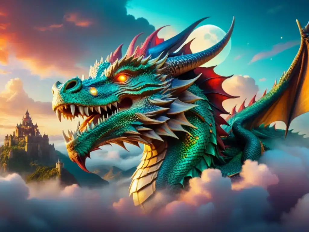 Un majestuoso dragón con escamas iridiscentes surca un cielo vibrante y misterioso, evocando criaturas cambiaformas en mundos ficticios