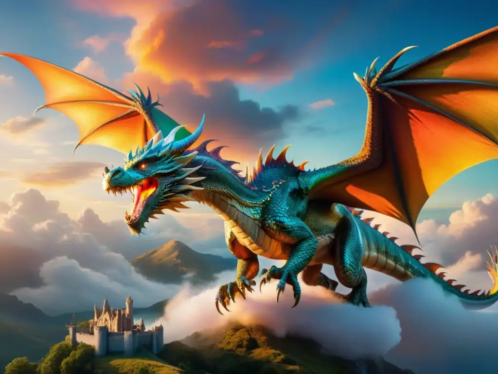 Un majestuoso dragón con escamas iridiscentes sobrevuela un cielo vibrante al atardecer, creando un resplandor mágico en un reino medieval