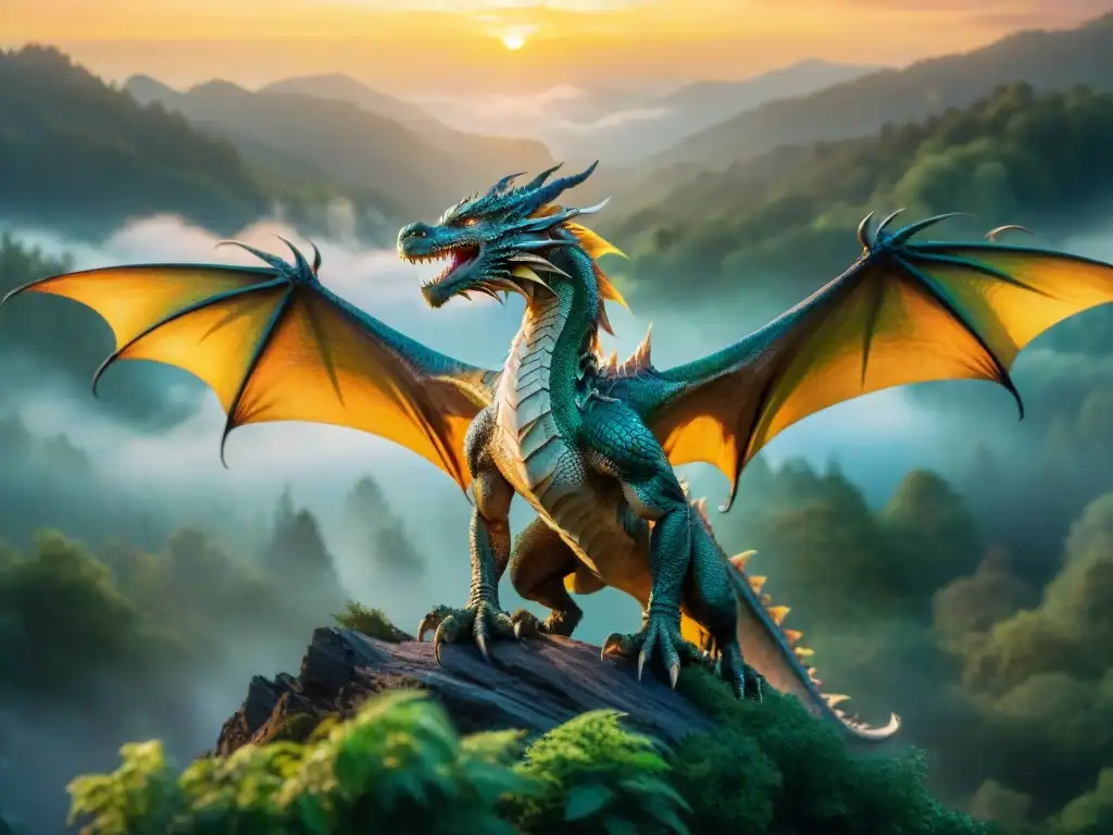 Un majestuoso dragón con escamas iridiscentes surca grácilmente un bosque místico al atardecer, en una escena fascinante de literatura fantástica