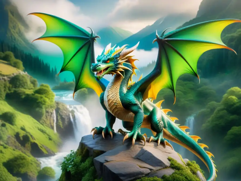 Un majestuoso dragón de escamas esmeralda surca un paisaje fantástico