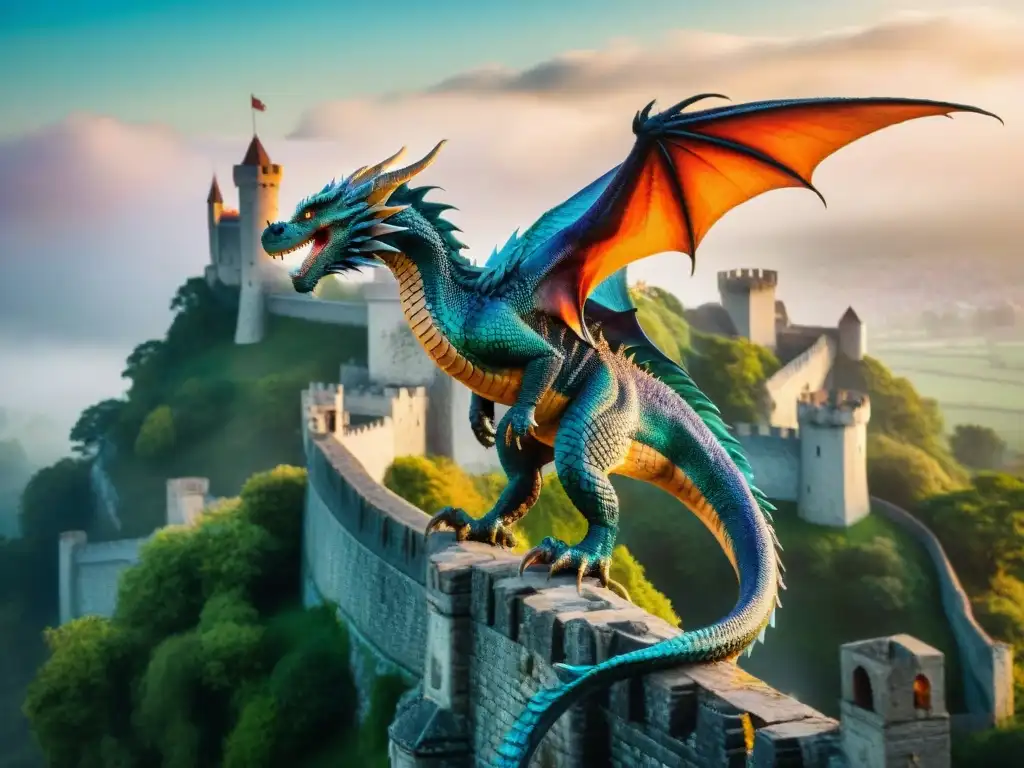 Un majestuoso dragón con escamas relucientes de verde esmeralda y azul zafiro, sobrevolando un castillo medieval al atardecer