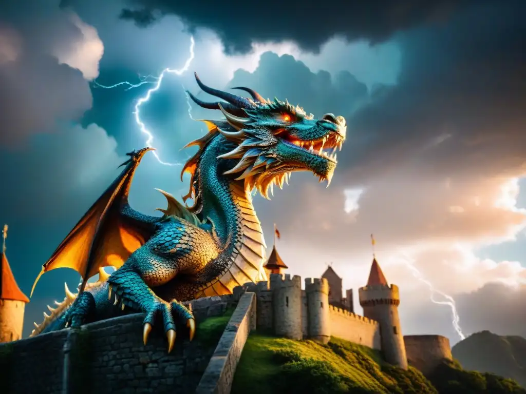 Un majestuoso dragón con escamas relucientes surca el cielo tormentoso, proyectando su sombra sobre un castillo medieval
