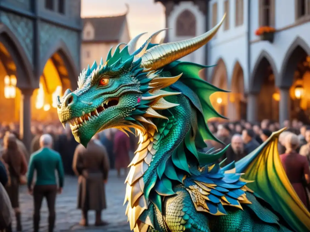 Un majestuoso dragón con escamas relucientes de esmeralda y zafiro, frente a una bulliciosa feria medieval