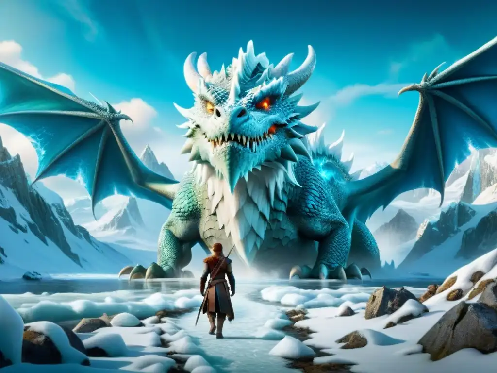 Un majestuoso dragón de hielo domina un mundo de fantasía, evocando asombro y admiración