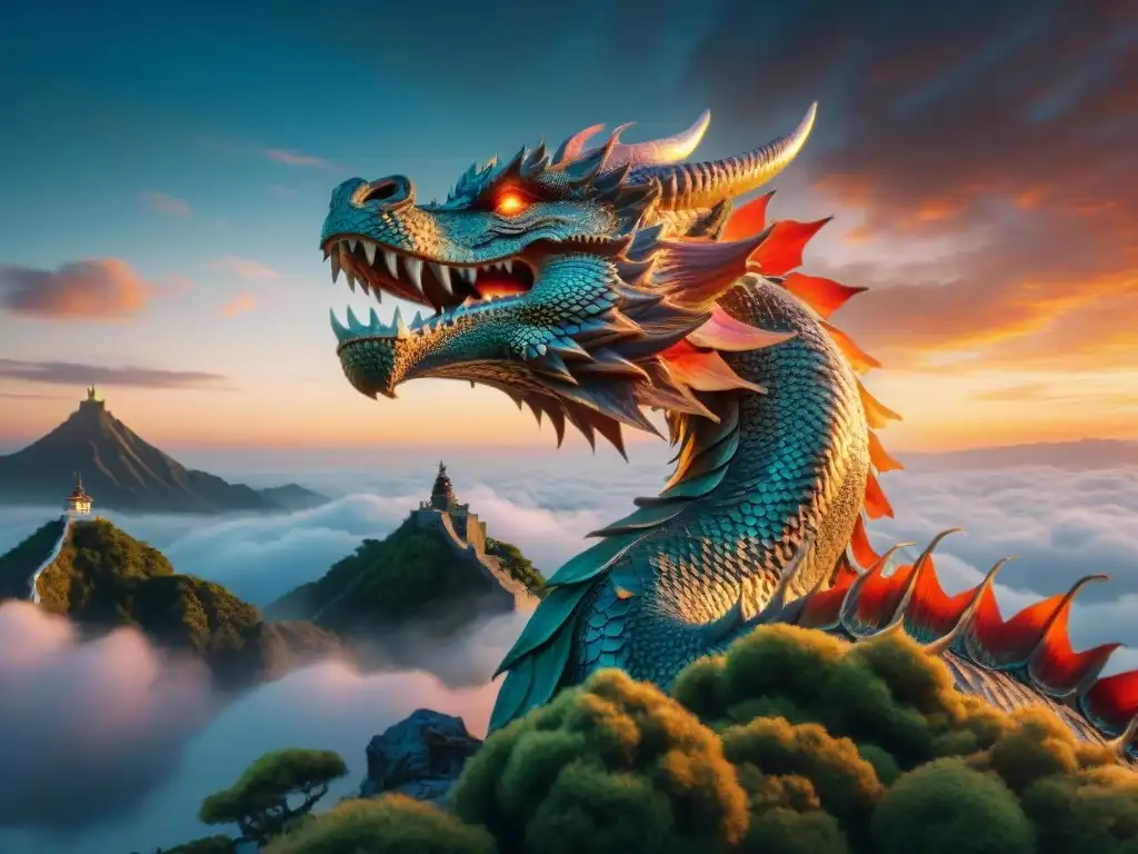 Un majestuoso dragón de la mitología japonesa en un cielo de atardecer vibrante, reflejando la luz con sus escamas brillantes