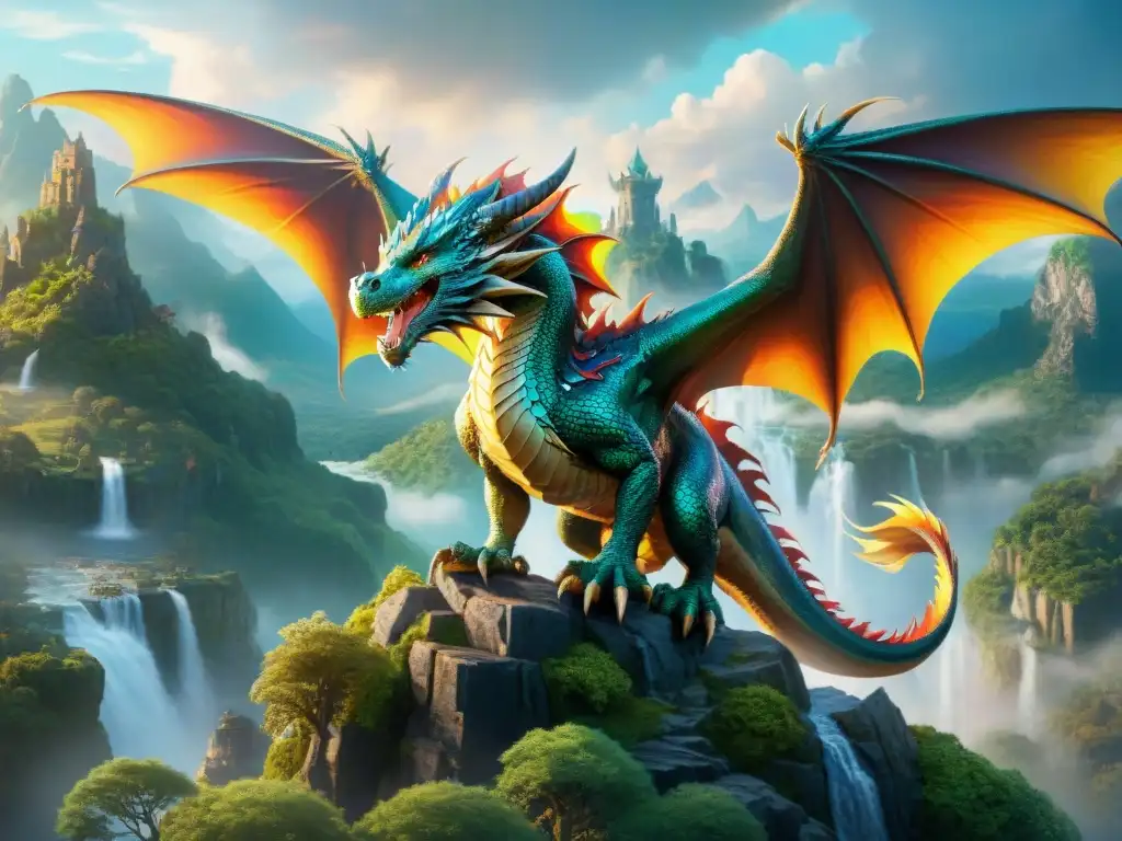 Épica ilustración de un majestuoso dragón surcando un paisaje cinematográfico vibrante y fantástico