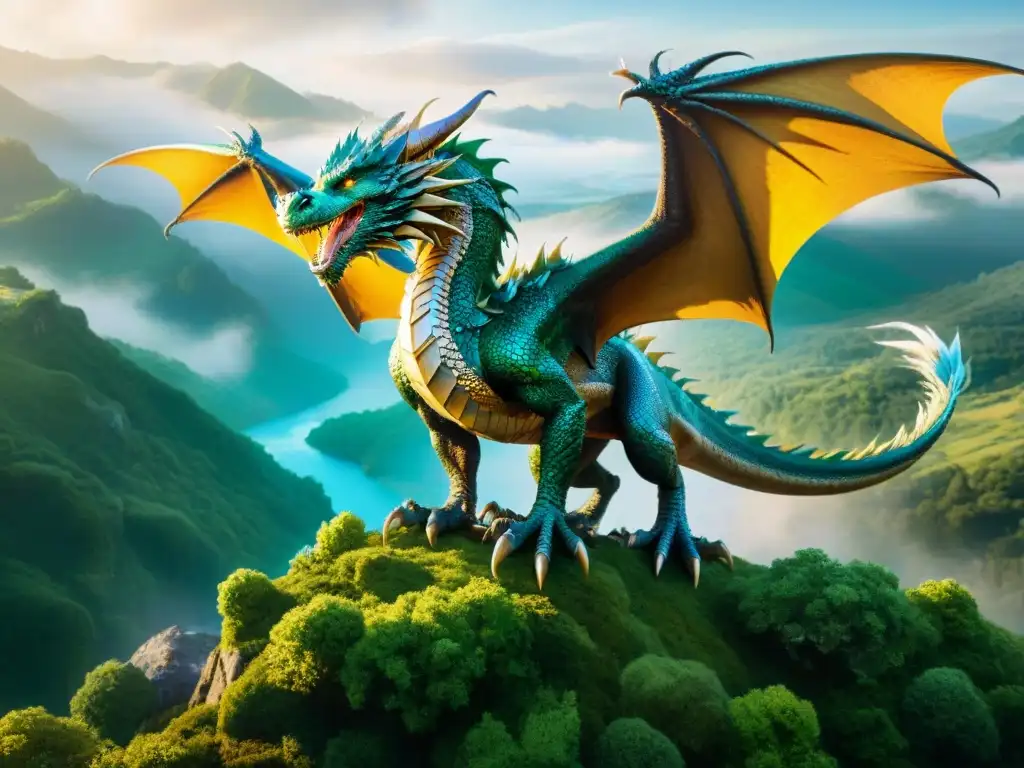 Un majestuoso dragón plateado surca un antiguo reino de fantasía, evocando el Viaje del Héroe en Mundos Fantásticos