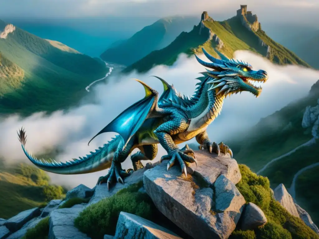 Un majestuoso dragón plateado con escamas iridiscentes y ojos azules, posado en un acantilado rocoso, contempla un valle vasto cubierto de niebla