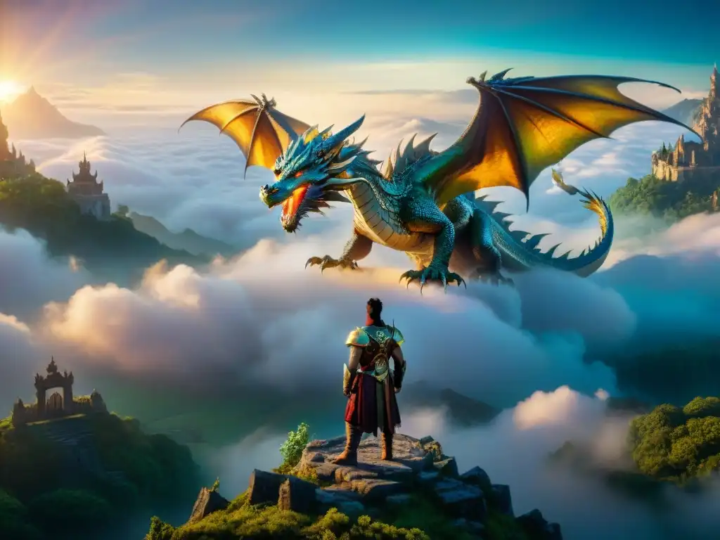 Un majestuoso dragón sobrevolando Thedas, con escamas iridiscentes que reflejan la luz del sol y un paisaje mágico