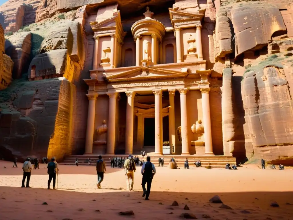 Majestuoso edificio del Tesoro en Petra, Jordania, bañado por el sol, con turistas maravillados