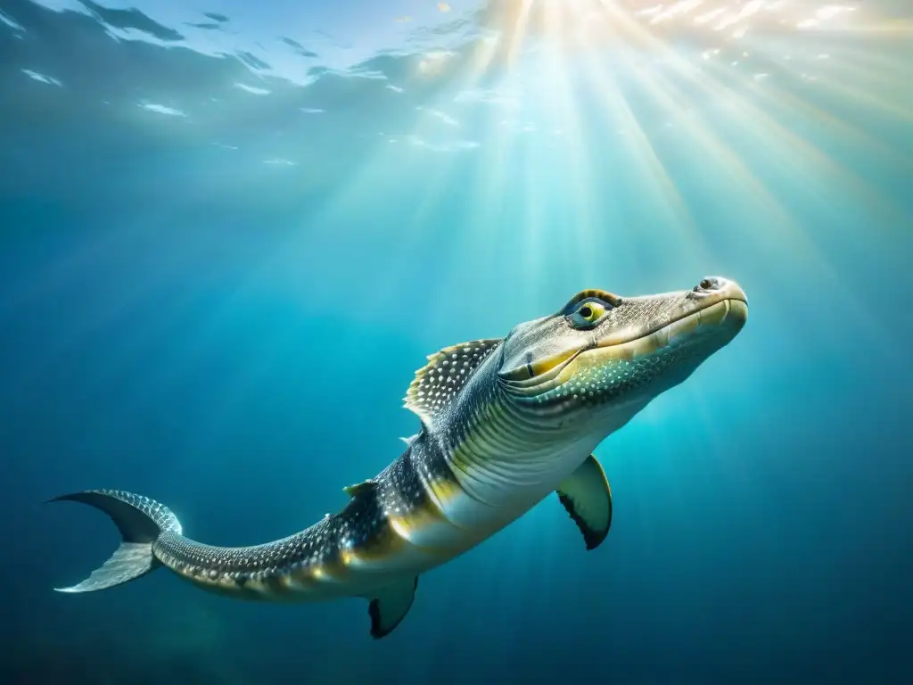 Un majestuoso y fascinante ser marino con escamas iridiscentes, rodeado de peces vibrantes, bajo la luz del sol