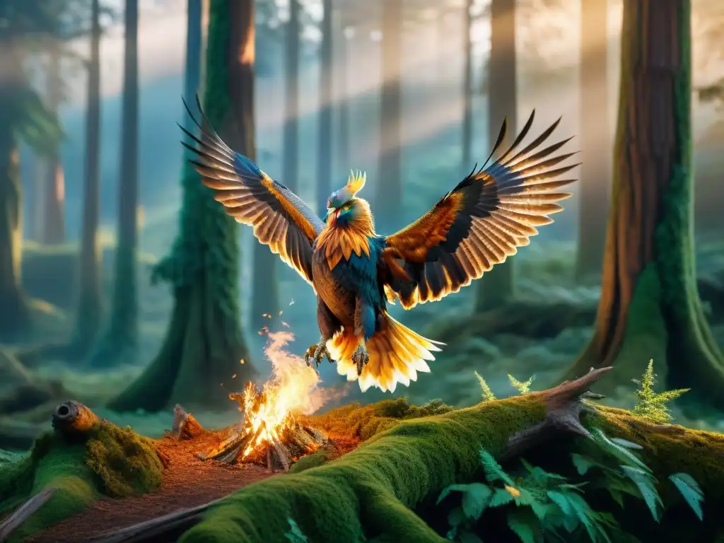 Un majestuoso Fénix surca un bosque mágico al atardecer, iluminando el cielo con sus plumas de fuego