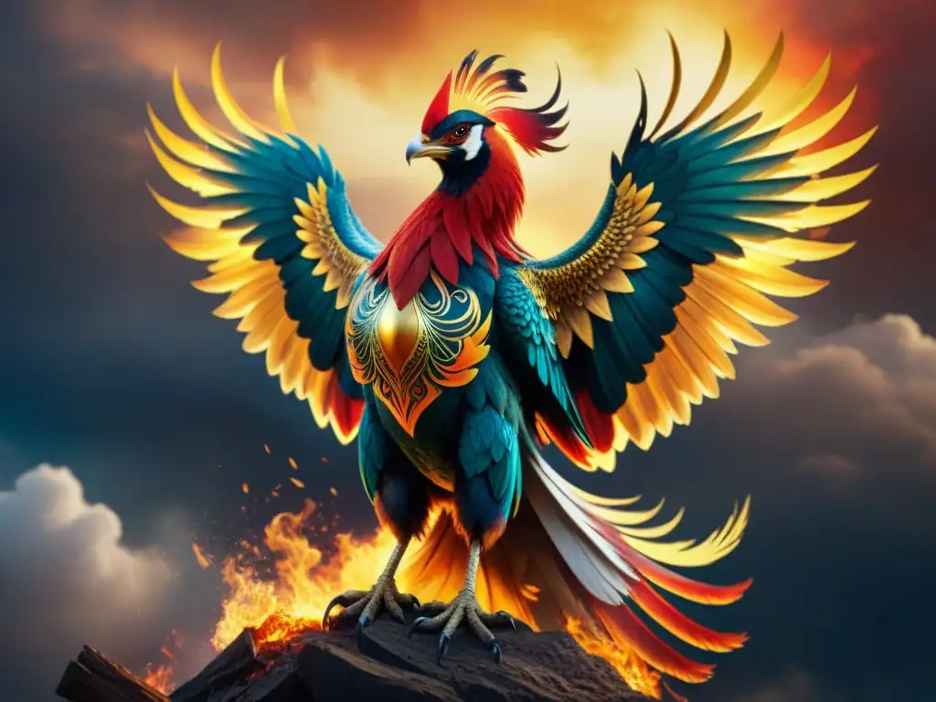 Un majestuoso fénix emerge de las cenizas con plumas de fuego en un cielo oscuro, evocando el simbolismo de las aves mitológicas