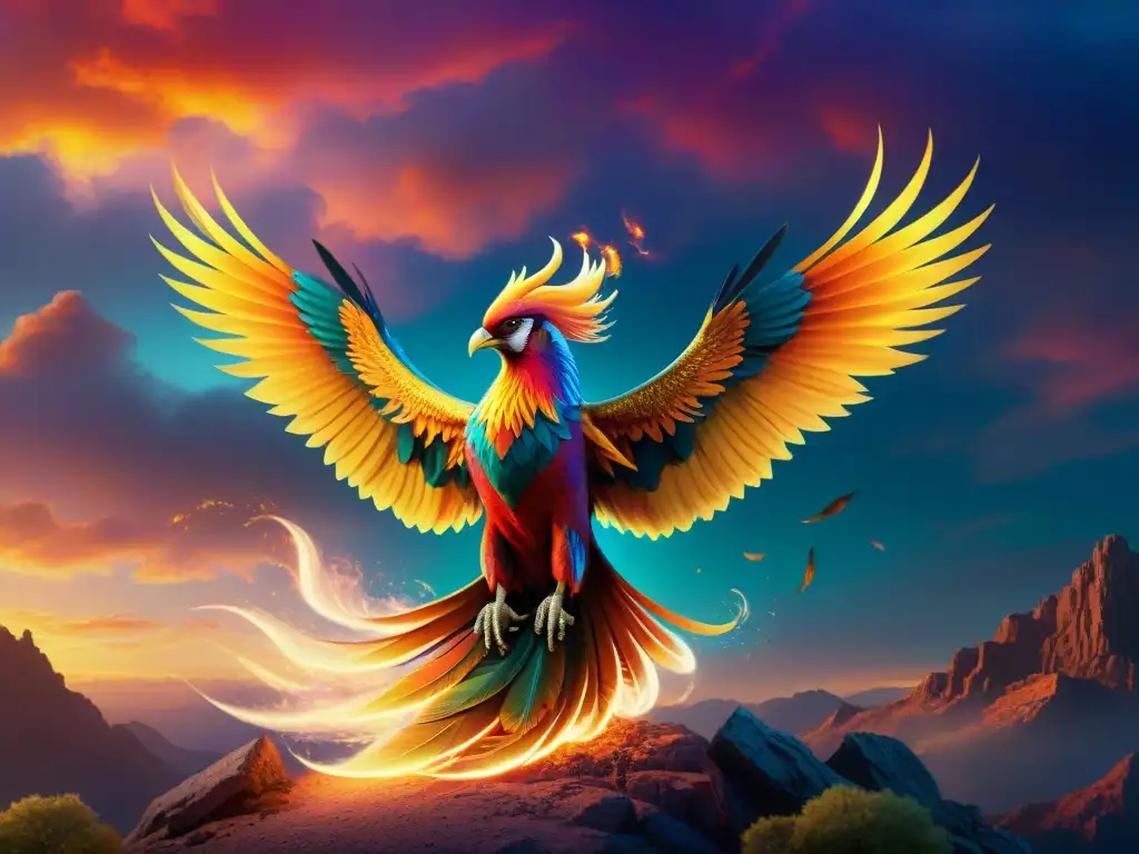 Un majestuoso Fénix surcando el cielo al atardecer, sus plumas incandescentes de fuego dejan un rastro dorado