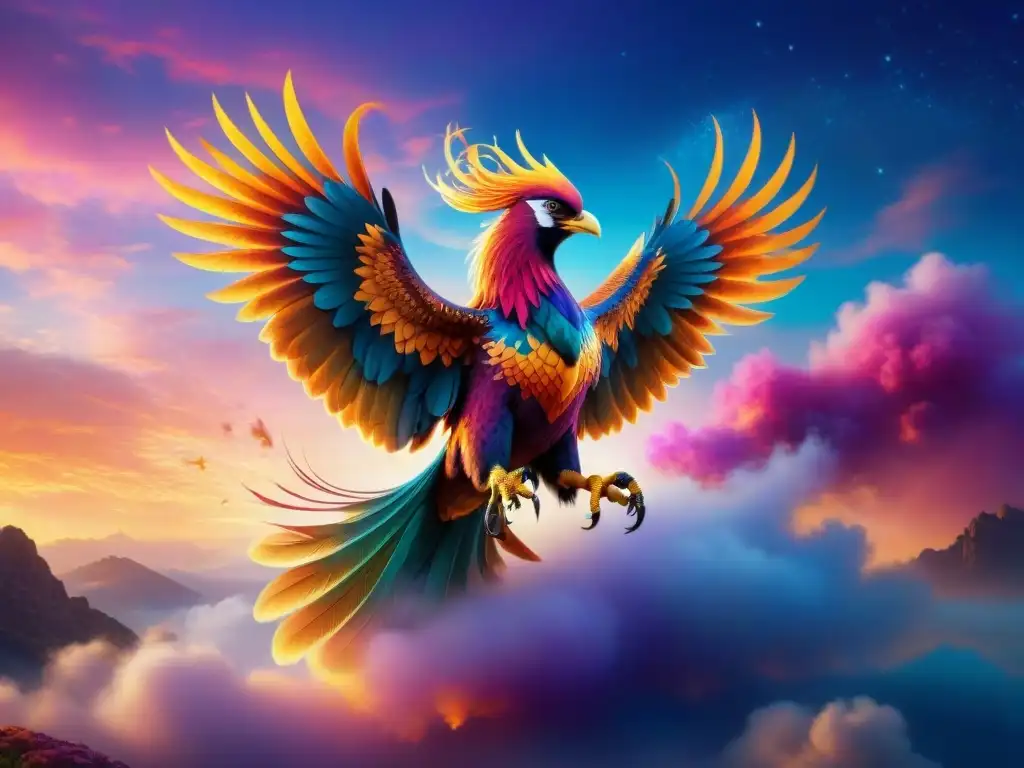 Un majestuoso fénix dorado surcando un cielo mágico de colores vibrantes