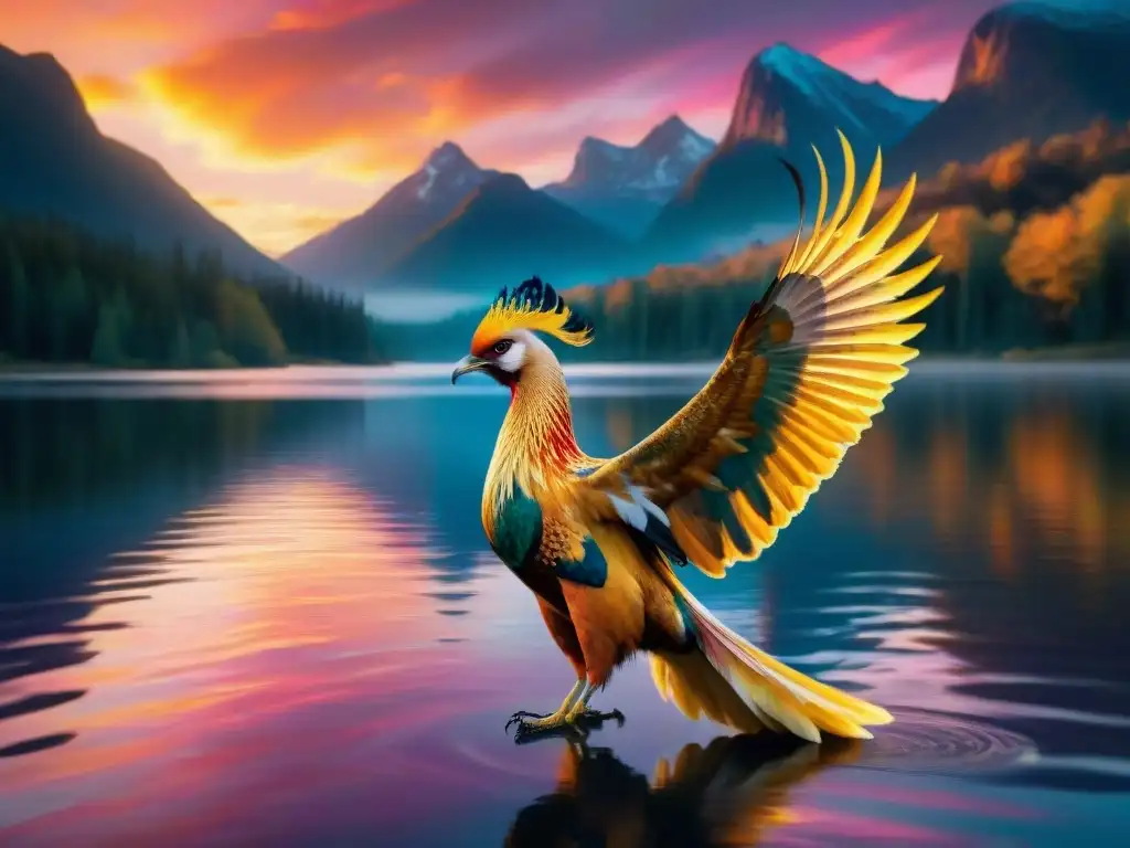 Espectacular fénix dorado surcando el cielo al atardecer Un majestuoso fénix dorado sobrevolando un lago cristalino al atardecer, evocando simbolismo de criaturas en amistad con humanos