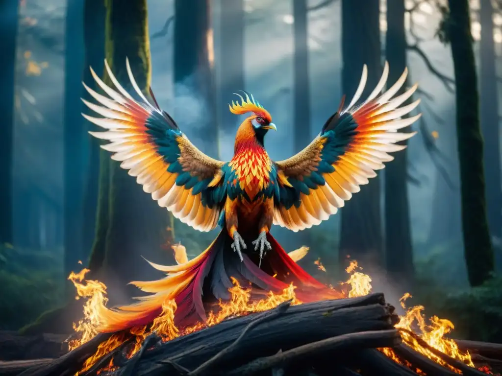 El majestuoso fénix dorado y rojo renace de las cenizas en un bosque místico