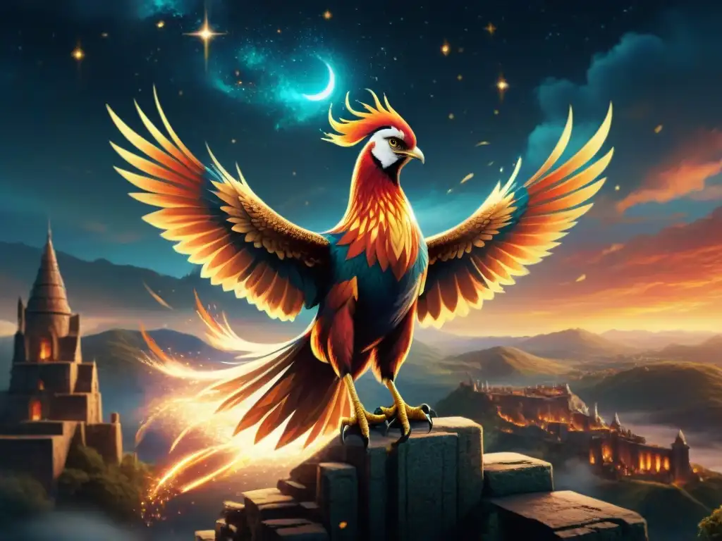 Un majestuoso fénix vuela con plumaje de fuego en el cielo estrellado, evocando la evolución del universo Harry Potter