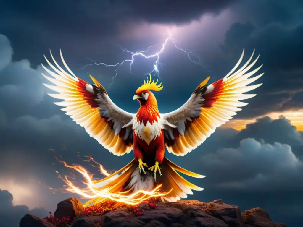 Un majestuoso fénix con plumas vibrantes de rojo, naranja y dorado, surcando triunfante un cielo oscuro y tormentoso iluminado por relámpagos