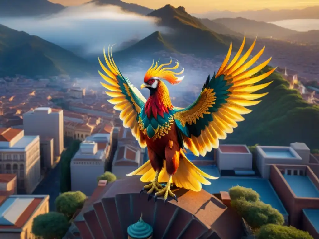 Un majestuoso Fénix sobrevolando una vibrante ciudad antigua, sus plumas ardientes iluminan los edificios históricos