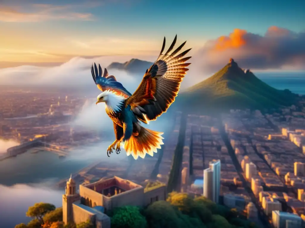 Un majestuoso Fénix en vuelo sobre una ciudad mítica al atardecer, evocando maravilla y magia